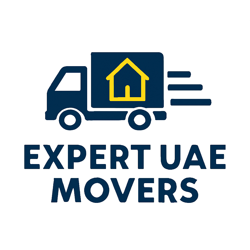 Expert UAE Movers logo featuring a navy-blue moving truck with a golden-yellow house icon inside, symbolizing professional home and office moving services in the UAE.