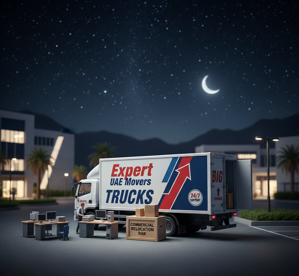 Dramatic wide-angle macro shot of a miniature 'Expert UAE Movers' box truck under a clear night sky, emphasizing 'Big Trucks' and '24/7 Support'. The truck is loading miniature commercial equipment and a crate labeled 'Commercial Relocation RAK'. The background suggests a modern Ras Al Khaimah industrial park with high-contrast spotlighting, highlighting late-night efficiency for commercial and office moving services in RAK and UAE.