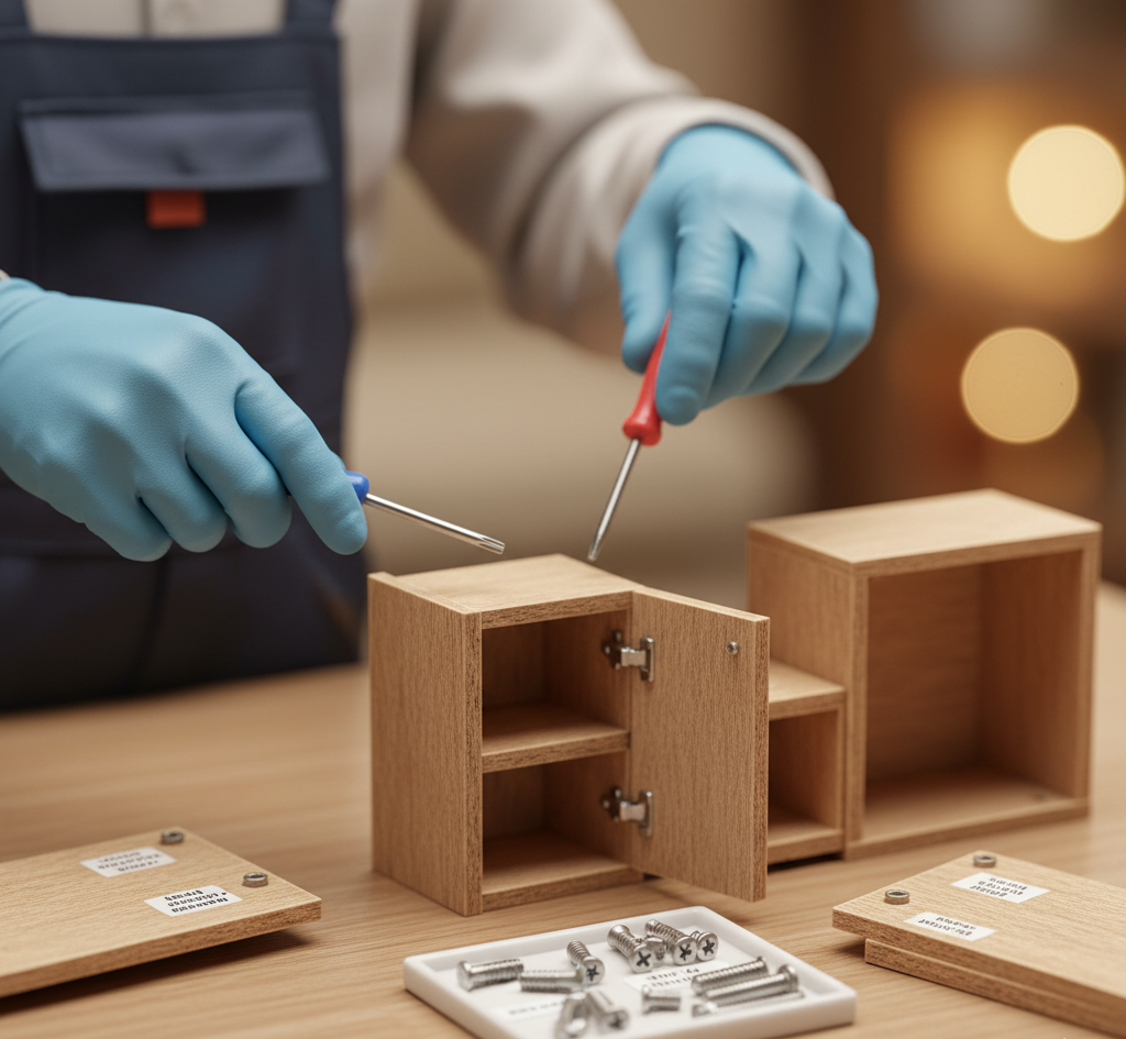 Extremely close-up, high-magnification shot of miniature gloved hands (Certified Carpenter) meticulously dismantling a tiny wooden flat-pack cabinet. The foreground displays organized, labeled screws and bolts, emphasizing professional furniture dismantling. The blurred residential background (Al Ain home) highlights precision tools and the delicate, skilled task of furniture handling for office and home movers.