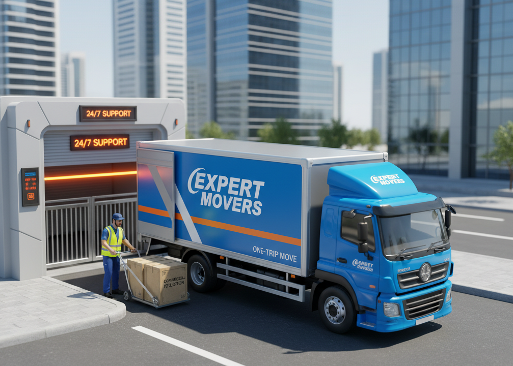 Alt Text for Image 1 (Residential Trust & Specialized Service in Al Ain): "Two 'Expert Movers' professionals in blue uniforms inside a modern, sunlit UAE villa living room. One mover is meticulously dismantling a luxury wooden wardrobe with specialized tools, while the other carefully wraps a large flat-screen TV in bubble wrap and thick fabric blankets. The scene conveys 'Licensed,' 'Professional Carpenters,' and 'Stress-Free Relocation' with bright, orderly lighting.