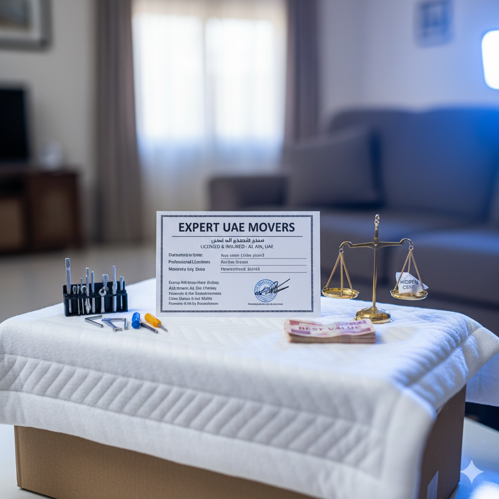 High-magnification diorama of an official 'Expert UAE Movers' license on a perfectly packed moving box. Beside it, a miniature professional carpenter's tool set and a stack of 'Best Value' money on a scale, balancing against a crumpled 'Hidden Cost' paper. Strong blue and white lighting creates a trustworthy, professional mood for licensed movers in Al Ain, emphasizing transparency, professionalism, and best value for villa moving services.